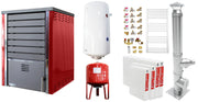 Pachet incalzire si apa calda 3 camere Centrala pe lemne FORNELLO SAUNA RED 30 kw echipata cu pompa de circulare, cos inox, boiler termoelectric 100l, vas expansiune, kit montaj si calorifere
