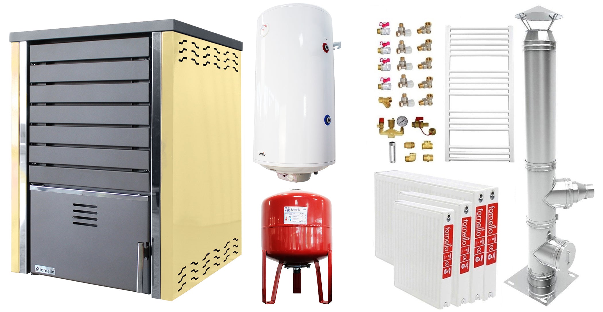 Pachet incalzire si apa calda 3 camere Centrala pe lemne FORNELLO SAUNA CREAM 30 kw echipata cu pompa de circulare, cos inox, boiler termoelectric 100l, vas expansiune, kit montaj si calorifere