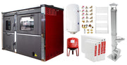Pachet incalzire si apa calda 3 camere Termosemineu FORNELLO STAR Red 34 kw pe combustibil solid prevazut cu plita si cuptor pentru gatit, echipat cu pompa de circulare, cos inox, boiler termoelectric 100l, vas expansiune, kit montaj si calorifere