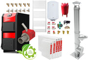 Pachet incalzire si apa calda 4 camere Centrala mixta combustibil solid si peleti Burnit NWB PRIME 30 kW si Arzator pe peleti Pell Eco 35 kW, calorifere, cos inox, ventilator, automatizare, serpentina racire, flansa arzator, pompa circulatie 25-60, v