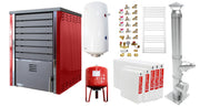 Pachet incalzire si apa calda 4 camere Centrala pe lemne FORNELLO SAUNA RED 30 kw echipata cu pompa de circulare, cos inox, boiler termoelectric 100l, vas expansiune, kit montaj si calorifere