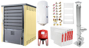Pachet incalzire si apa calda 4 camere Centrala pe lemne FORNELLO SAUNA CREAM 30 kw echipata cu pompa de circulare, cos inox, boiler termoelectric 100l, vas expansiune, kit montaj si calorifere