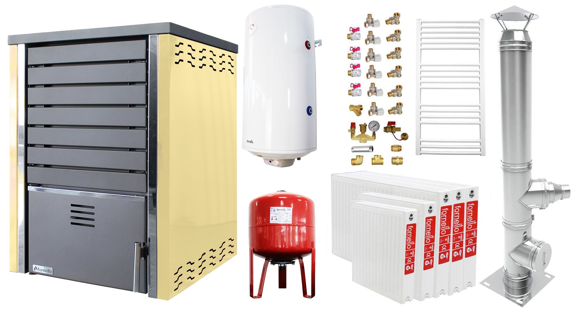 Pachet incalzire si apa calda 4 camere Centrala pe lemne FORNELLO SAUNA CREAM 30 kw echipata cu pompa de circulare, cos inox, boiler termoelectric 100l, vas expansiune, kit montaj si calorifere