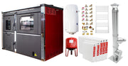 Pachet incalzire si apa calda 4 camere Termosemineu FORNELLO STAR Red 34 kw pe combustibil solid prevazut cu plita si cuptor pentru gatit, echipat cu pompa de circulare, cos inox, boiler termoelectric 100l, vas expansiune, kit montaj si calorifere