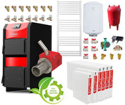 Pachet incalzire si apa calda 5 camere Centrala mixta combustibil solid si peleti Burnit NWB PRIME 40 kW si Arzator pe peleti Pell Eco 35 kW, ventilator si automatizare, serpentina racire, flansa arzator, calorifere, pompa circulatie 25-60, vas expan