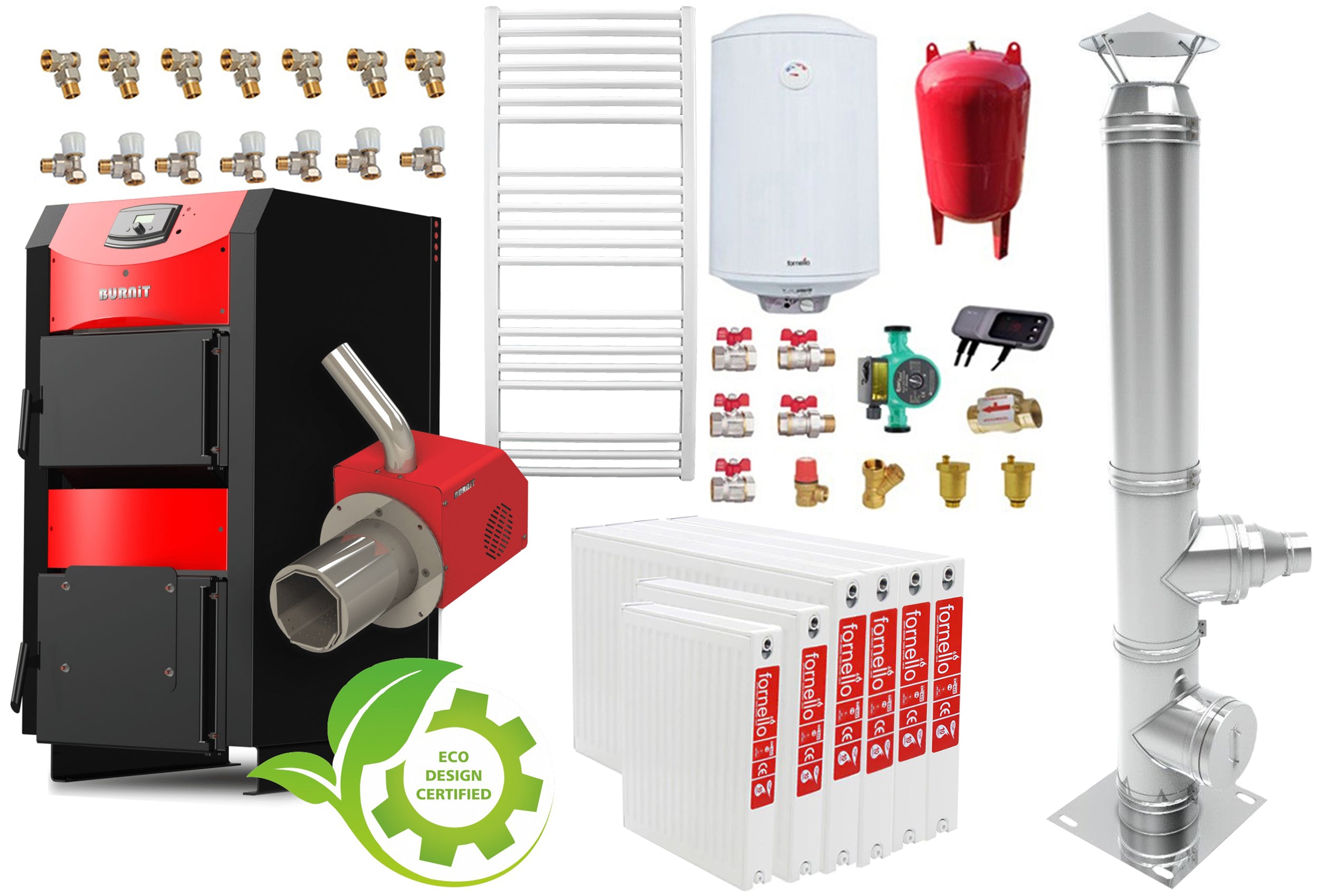 Pachet incalzire si apa calda 5 camere Centrala mixta combustibil solid si peleti Burnit NWB PRIME 40 kW si Arzator pe peleti Pell Eco 35 kW, calorifere, cos inox, ventilator si automatizare, serpentina racire, flansa arzator, pompa circulatie 25-60,