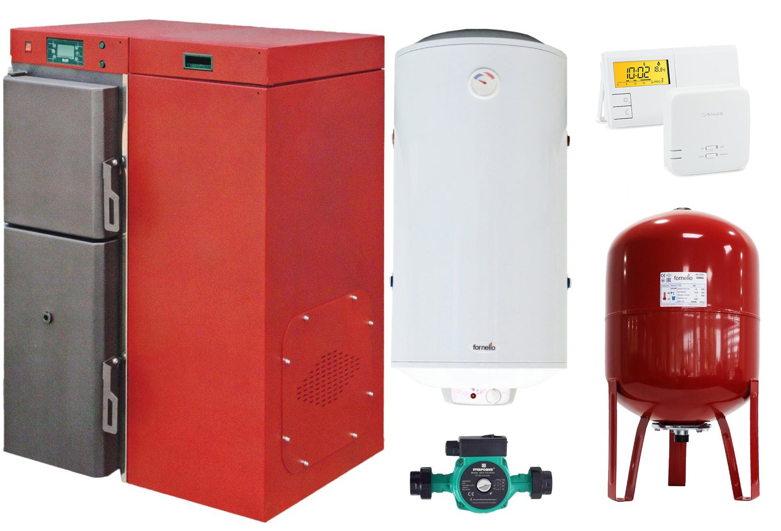 Pachet incalzire si apa calda, Centrala mixta lemn si peleti, Fornello Tera 28 KW, aprindere electrica peleti, fara modificari la schimbarea combustibilului, buncar 95 kg, Boiler Termoelectric Fornello 100 litri, Pompa, Vas exp 50l si termostat