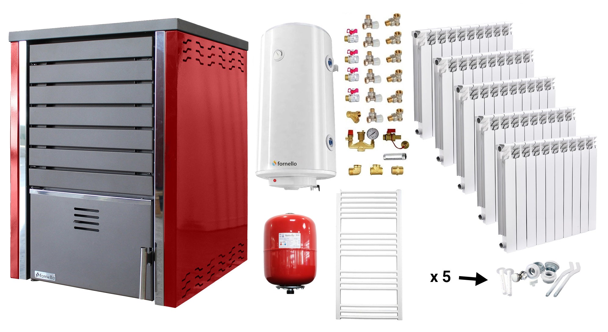 Pachet incalzire si apa calda Centrala pe lemne FORNELLO SAUNA RED 30 kw echipata cu pompa de circulare, calorifere aluminiu Fornello Alvo, boiler termoelectric 100l, vas expansiune si kit montaj