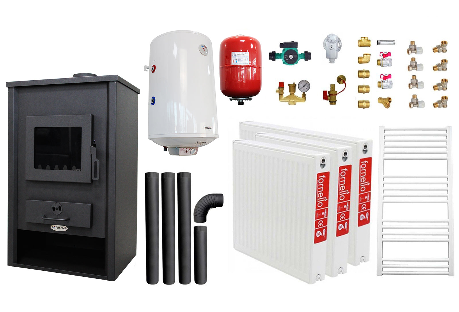 Pachet incalzire si apa calda pentru 2 camere Termosemineu pe lemne, brichete si carbune Fornello PADOVA E, 19.4 kW, 510x500x910 mm, boiler termoelectric 80l, vas expansiune, pompa circulare, calorifere, kit evacuare si kit montaj