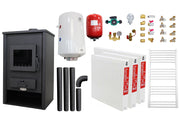 Pachet incalzire si apa calda pentru 2 camere Termosemineu pe lemne, brichete si carbune Fornello PADOVA E, 19.4 kW, 510x500x910 mm, boiler termoelectric 80l, vas expansiune, pompa circulare, calorifere, kit evacuare si kit montaj