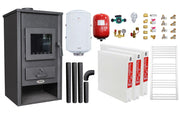 Pachet incalzire si apa calda pentru 2 camere Termosemineu pe lemne, brichete si carbune Fornello B2E, 14 kW, 46x45x91 cm, boiler termoelectric 80l, vas expansiune, pompa circulatie, kit evacuare, calorifere si kit montaj