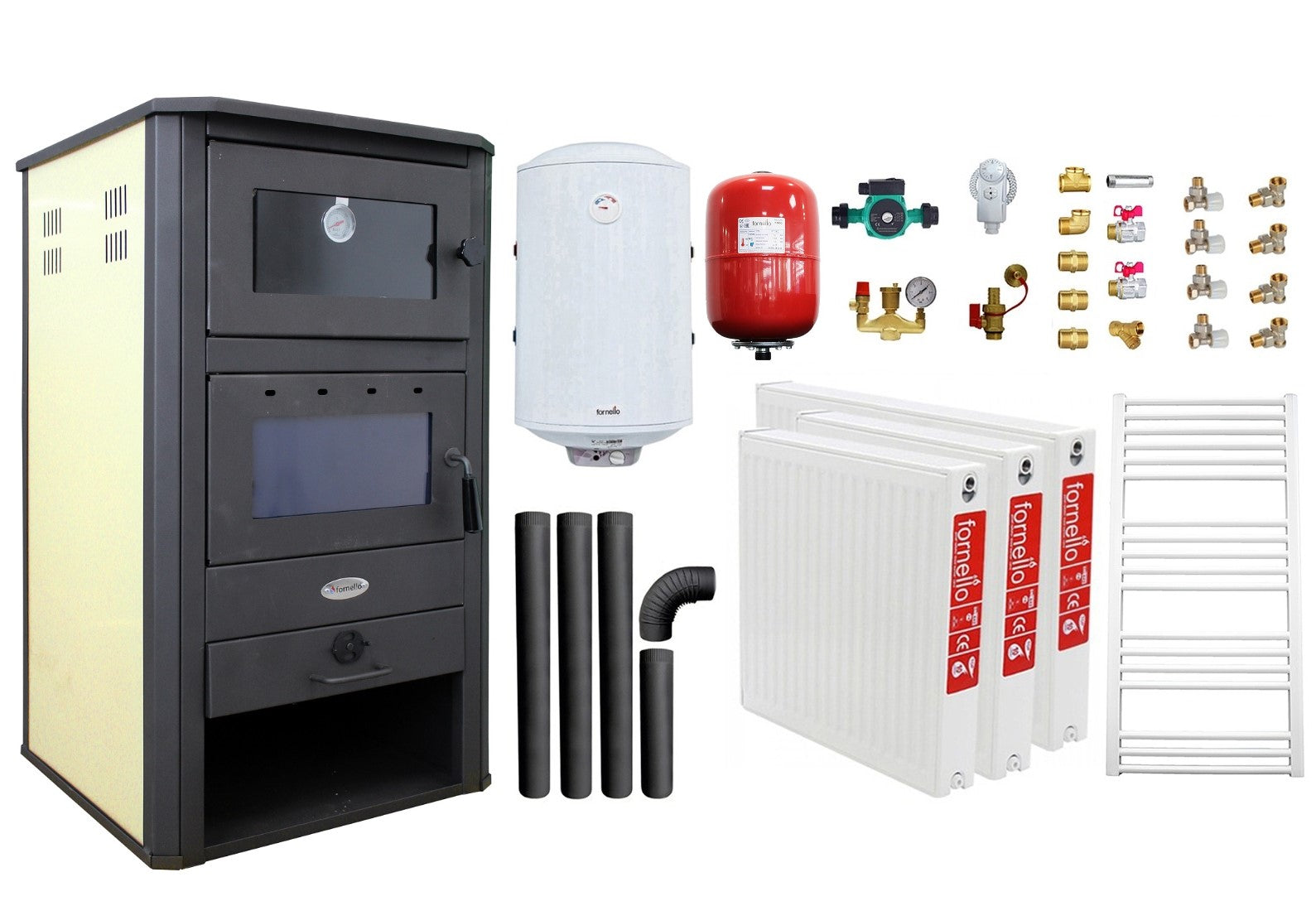 Pachet incalzire si apa calda pentru 2 camere Termosemineu pe lemne, brichete si carbune Fornello MILANO E, 24 KW, cuptor, Ivory, 580x560x1060 mm, boiler termoelectric 100l, vas expansiune, pompa circulatie, calorifere, kit evacuare si kit montaj
