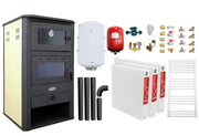Pachet incalzire si apa calda pentru 2 camere Termosemineu pe lemne, brichete si carbune Fornello MILANO E, 24 KW, cuptor, Ivory, 580x560x1060 mm, boiler termoelectric 100l, vas expansiune, pompa circulatie, calorifere, kit evacuare si kit montaj