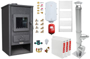 Pachet incalzire si apa calda pentru 2 camere Termosemineu pe lemne, brichete si carbune Fornello B2E, 14 kW, 46x45x91 cm, cos inox, boiler termoelectric 80l, vas expansiune, pompa circulatie, calorifere si kit montaj