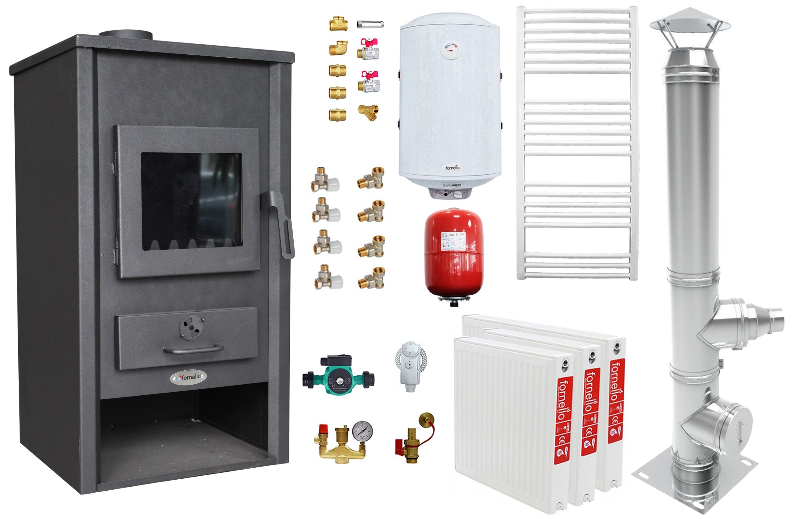 Pachet incalzire si apa calda pentru 2 camere Termosemineu pe lemne, brichete si carbune Fornello B2E, 14 kW, 46x45x91 cm, cos inox, boiler termoelectric 80l, vas expansiune, pompa circulatie, calorifere si kit montaj