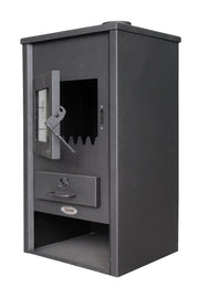 Pachet incalzire si apa calda pentru 2 camere Termosemineu pe lemne, brichete si carbune Fornello B2E, 14 kW, 46x45x91 cm, cos inox, boiler termoelectric 80l, vas expansiune, pompa circulatie, calorifere si kit montaj