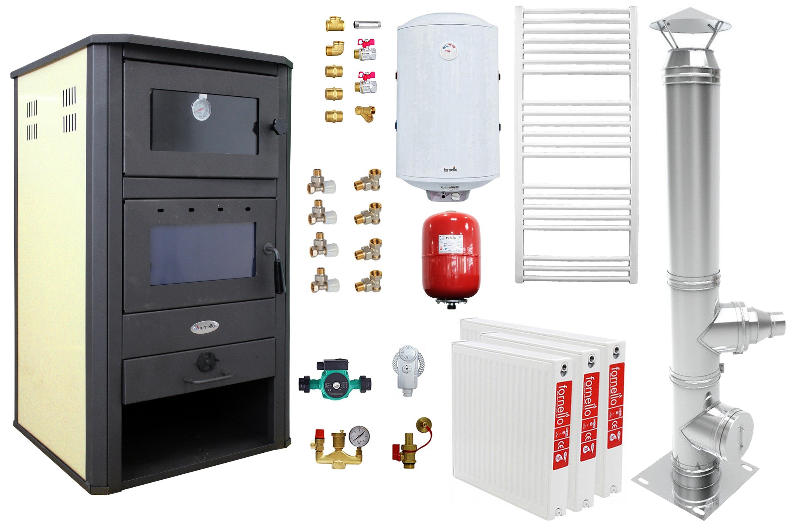 Pachet incalzire si apa calda pentru 2 camere Termosemineu pe lemne, brichete si carbune Fornello MILANO E, 24 KW, cuptor, Ivory, 580x560x1060 mm, cos inox, boiler termoelectric 100l, vas expansiune, pompa circulatie, calorifere si kit montaj