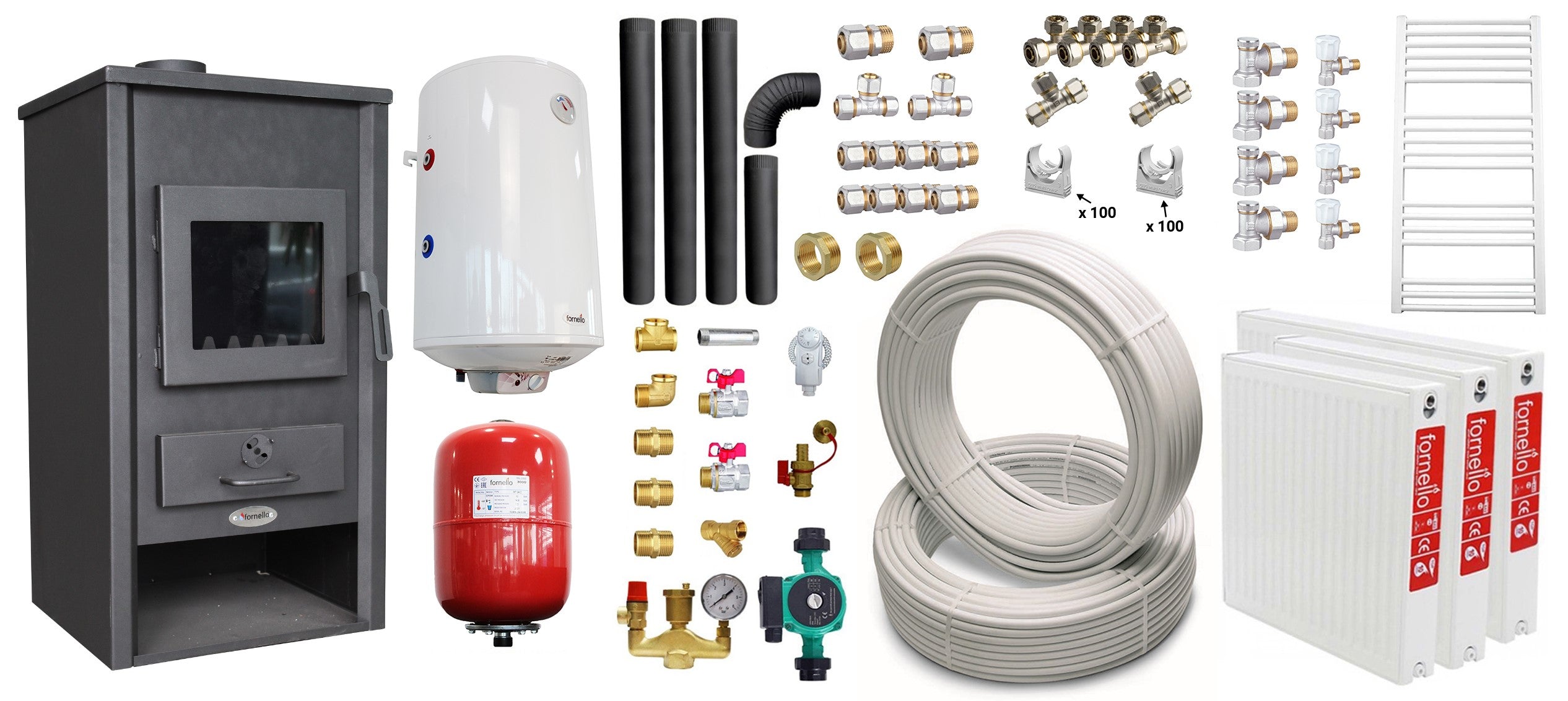 Pachet incalzire si apa calda pentru 2 camere Termosemineu pe lemne, brichete si carbune Fornello B2E, 14 kW, 46x45x91 cm, boiler termoelectric 80l, teava, vas expansiune, pompa circulatie, kit evacuare, calorifere si fitinguri