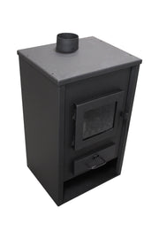 Pachet incalzire si apa calda pentru 2 camere Termosemineu pe lemne, brichete si carbune Fornello B2E, 14 kW, 46x45x91 cm, boiler termoelectric 80l, teava, vas expansiune, pompa circulatie, kit evacuare, calorifere si fitinguri