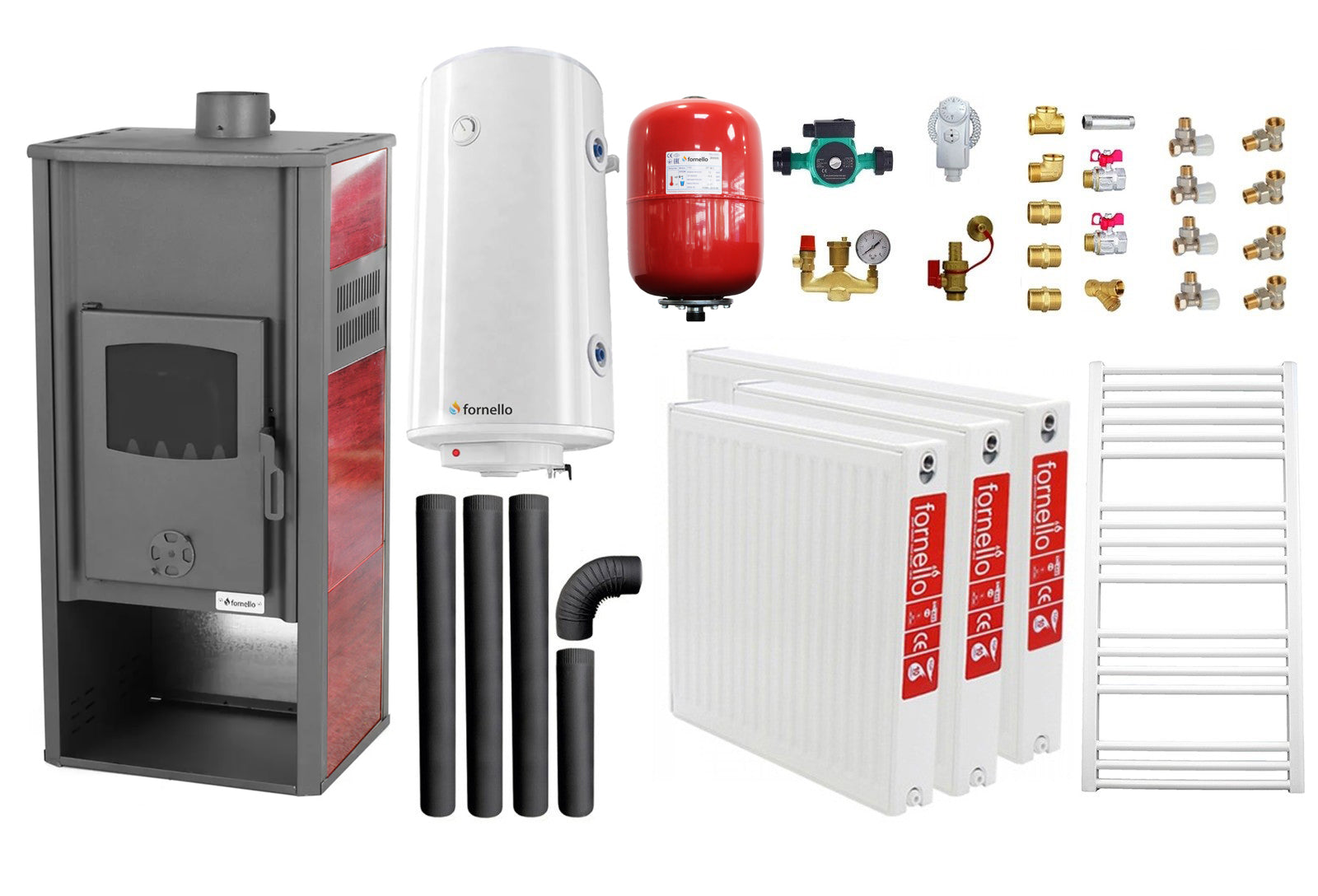 Pachet incalzire si apa calda pentru 2 camere Termosemineu pe lemne, brichete si carbune Fornello Roma E, 22 kW, 49x45x103 cm, boiler termoelectric 100l, vas expansiune, pompa circulatie, kit evacuare, calorifere si kit montaj