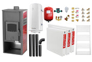 Pachet incalzire si apa calda pentru 2 camere Termosemineu pe lemne, brichete si carbune Fornello Roma E, 22 kW, 49x45x103 cm, boiler termoelectric 100l, vas expansiune, pompa circulatie, kit evacuare, calorifere si kit montaj