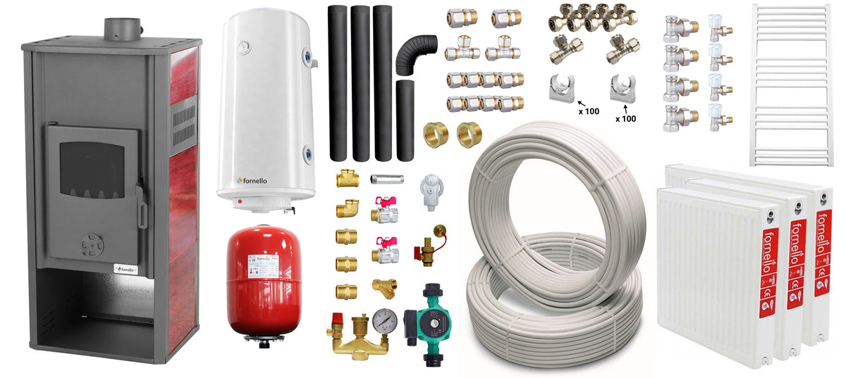 Pachet incalzire si apa calda pentru 2 camere Termosemineu pe lemne, brichete si carbune Fornello Roma E, 22 kW, 49x45x103 cm, teava, boiler termoelectric 100l, vas expansiune, pompa circulatie, kit evacuare, calorifere si fitinguri
