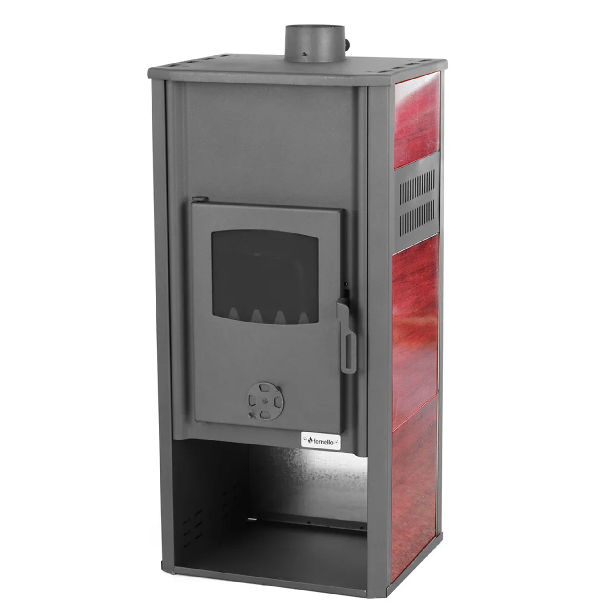 Pachet incalzire si apa calda pentru 2 camere Termosemineu pe lemne, brichete si carbune Fornello Roma E, 22 kW, 49x45x103 cm, teava, boiler termoelectric 100l, vas expansiune, pompa circulatie, kit evacuare, calorifere si fitinguri