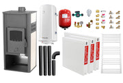 Pachet incalzire si apa calda pentru 2 camere Termosemineu pe lemne, brichete si carbune Fornello Roma E, Ivory, 22 kW, 49x45x103 cm, boiler termoelectric 100l, vas expansiune, pompa circulatie, kit evacuare, calorifere si kit montaj