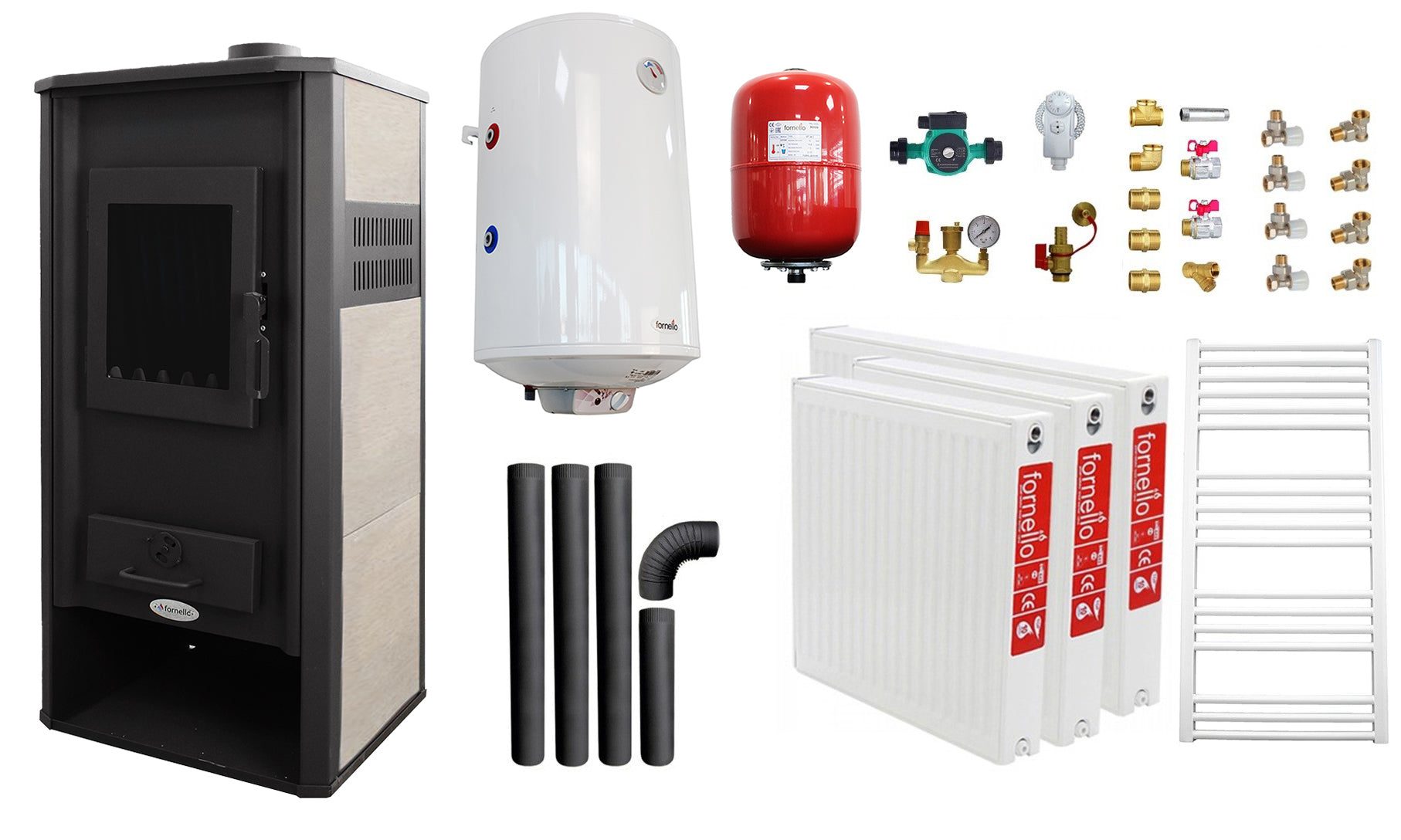 Pachet incalzire si apa calda pentru 2 camere Termosemineu pe lemne, brichete si carbune Fornello Roma E, Ivory, 22 kW, 49x45x103 cm, boiler termoelectric 100l, vas expansiune, pompa circulatie, kit evacuare, calorifere si kit montaj