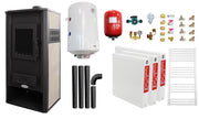 Pachet incalzire si apa calda pentru 2 camere Termosemineu pe lemne, brichete si carbune Fornello Roma E, Ivory, 22 kW, 49x45x103 cm, boiler termoelectric 100l, vas expansiune, pompa circulatie, kit evacuare, calorifere si kit montaj