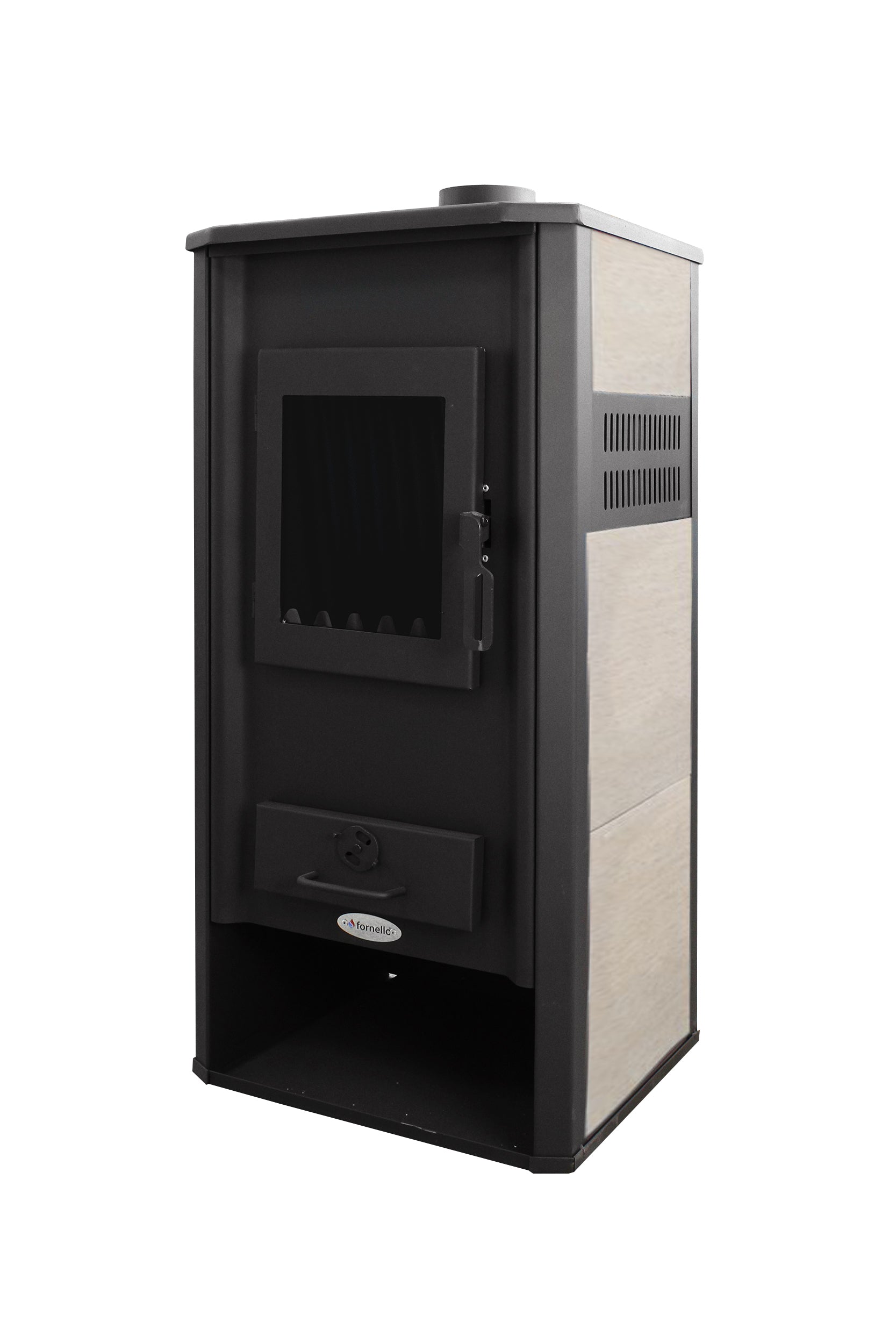 Pachet incalzire si apa calda pentru 2 camere Termosemineu pe lemne, brichete si carbune Fornello Roma E, Ivory, 22 kW, 49x45x103 cm, boiler termoelectric 100l, vas expansiune, pompa circulatie, kit evacuare, calorifere si kit montaj