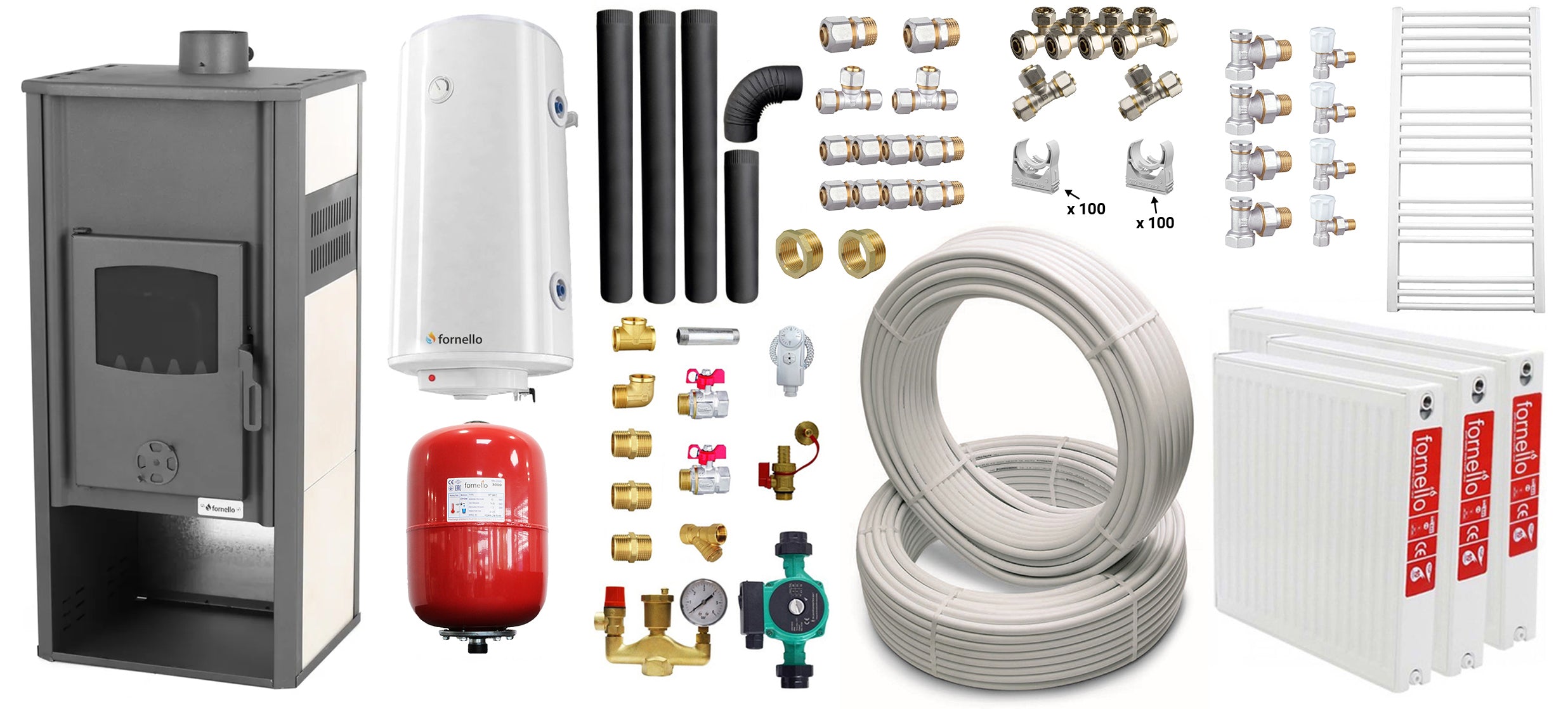 Pachet incalzire si apa calda pentru 2 camere Termosemineu pe lemne, brichete si carbune Fornello Roma E, Ivory, 22 kW, 49x45x103 cm, teava, boiler termoelectric 100l, vas expansiune, pompa circulatie, kit evacuare, calorifere si fitinguri
