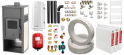 Pachet incalzire si apa calda pentru 2 camere Termosemineu pe lemne, brichete si carbune Fornello Roma E, Ivory, 22 kW, 49x45x103 cm, teava, boiler termoelectric 100l, vas expansiune, pompa circulatie, kit evacuare, calorifere si fitinguri