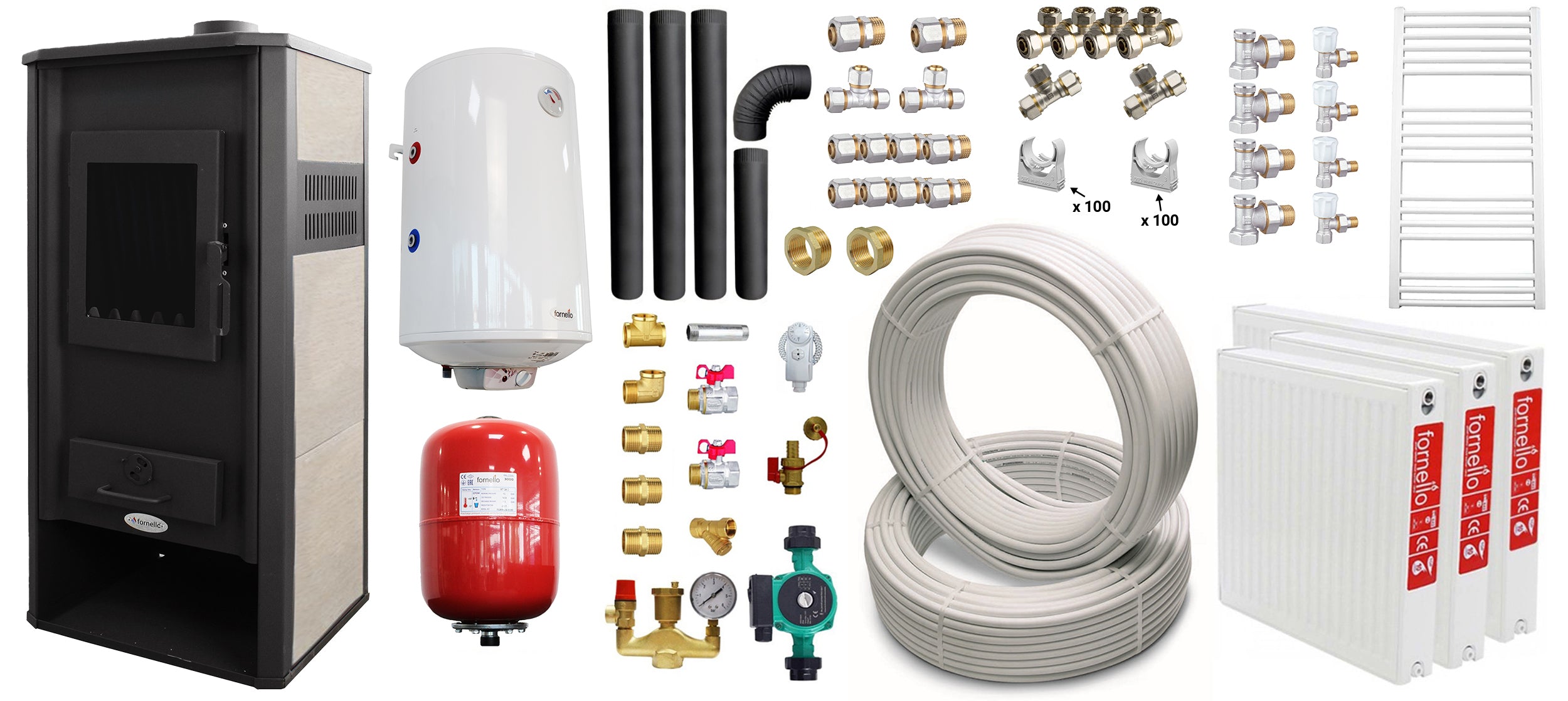 Pachet incalzire si apa calda pentru 2 camere Termosemineu pe lemne, brichete si carbune Fornello Roma E, Ivory, 22 kW, 49x45x103 cm, teava, boiler termoelectric 100l, vas expansiune, pompa circulatie, kit evacuare, calorifere si fitinguri