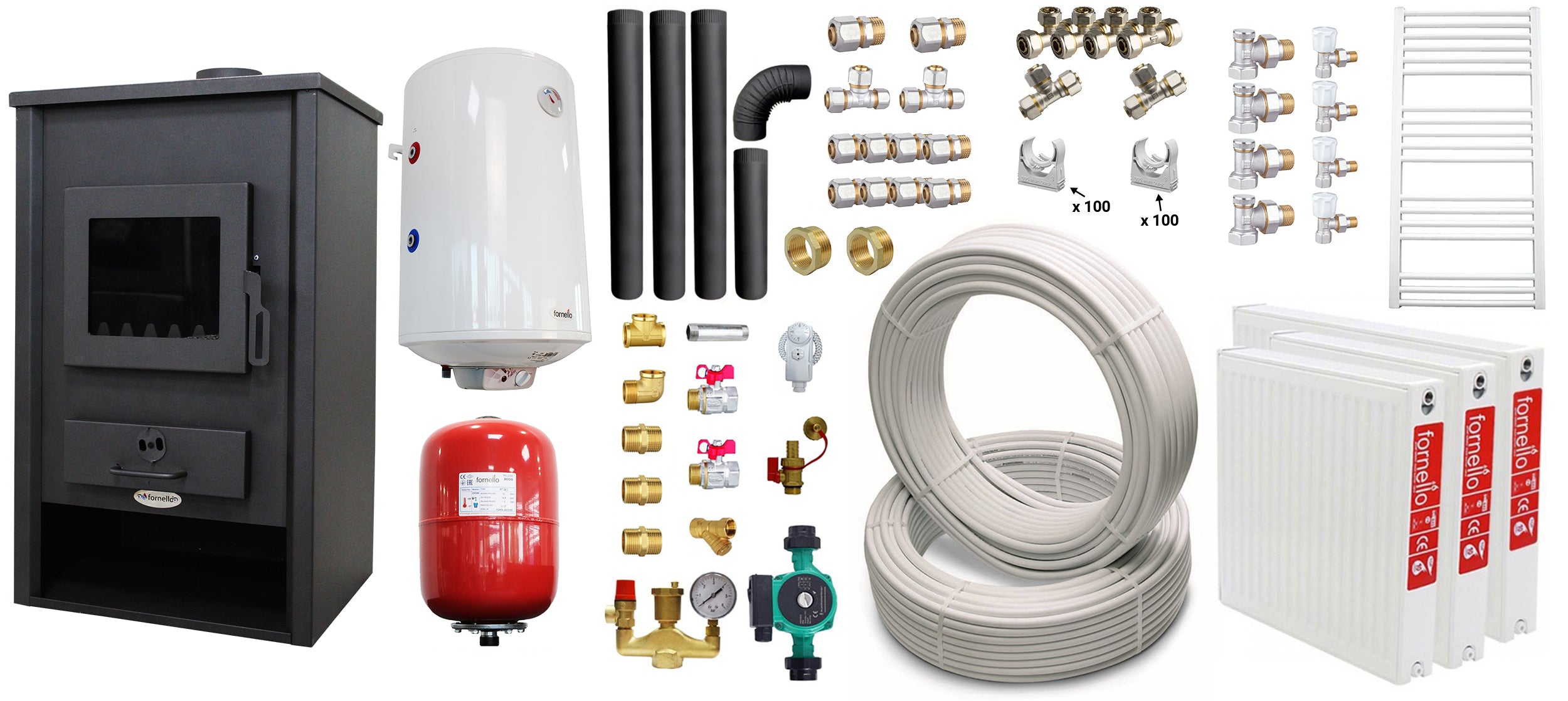 Pachet incalzire si apa calda pentru 2 camere Termosemineu pe lemne, brichete si carbune Fornello PADOVA E, 19.4 kW, 510x500x910 mm, boiler termoelectric 80l, teava, vas expansiune, pompa circulare, calorifere, kit evacuare si fitinguri