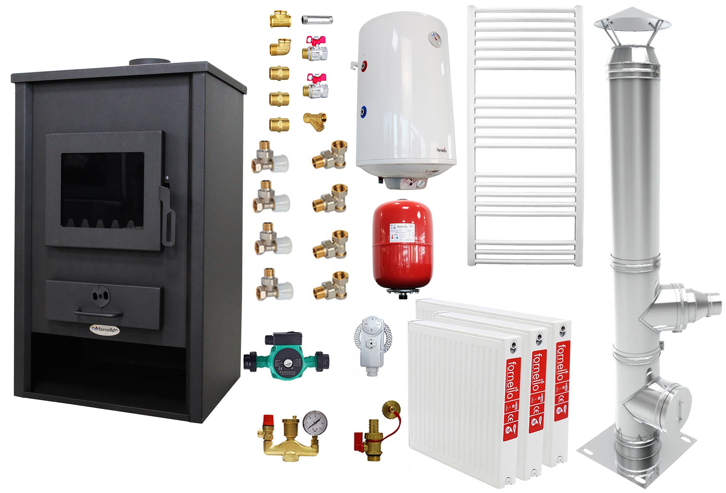Pachet incalzire si apa calda pentru 2 camere Termosemineu pe lemne, brichete si carbune Fornello Padova E, 19.4 kW, 510x500x910 mm, cos inox, boiler termoelectric 80l, vas expansiune, pompa circulare, calorifere si kit montaj