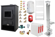 Pachet incalzire si apa calda pentru 2 camere Termosemineu pe lemne, brichete si carbune Fornello Padova E, 19.4 kW, 510x500x910 mm, cos inox, boiler termoelectric 80l, vas expansiune, pompa circulare, calorifere si kit montaj