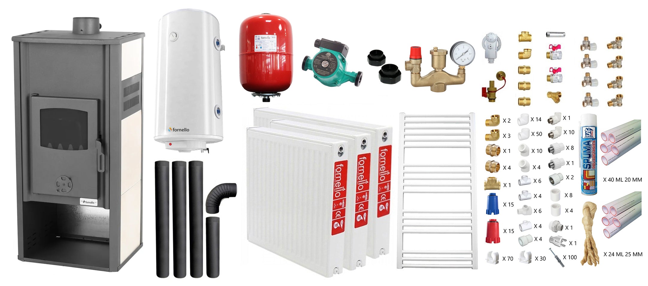 Pachet incalzire si apa calda pentru 2 camere Termosemineu pe lemne, brichete si carbune Fornello Roma E, Ivory, 22 kW, 49x45x103 cm, teava PPR si fitinguri, boiler termoelectric 100l, vas expansiune, pompa circulatie, kit evacuare, calorifere si kit