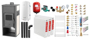 Pachet incalzire si apa calda pentru 2 camere Termosemineu pe lemne, brichete si carbune Fornello Roma E, Ivory, 22 kW, 49x45x103 cm, teava PPR si fitinguri, boiler termoelectric 100l, vas expansiune, pompa circulatie, kit evacuare, calorifere si kit