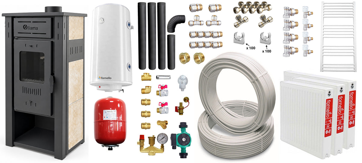 Pachet incalzire si apa calda pentru 2 camere Termosemineu pe lemne, brichete si carbune  FIAMA AMBASADOR, Ivory, 24,5 kW, teava, boiler termoelectric 100l, vas expansiune, pompa circulatie, kit evacuare, calorifere si fitinguri