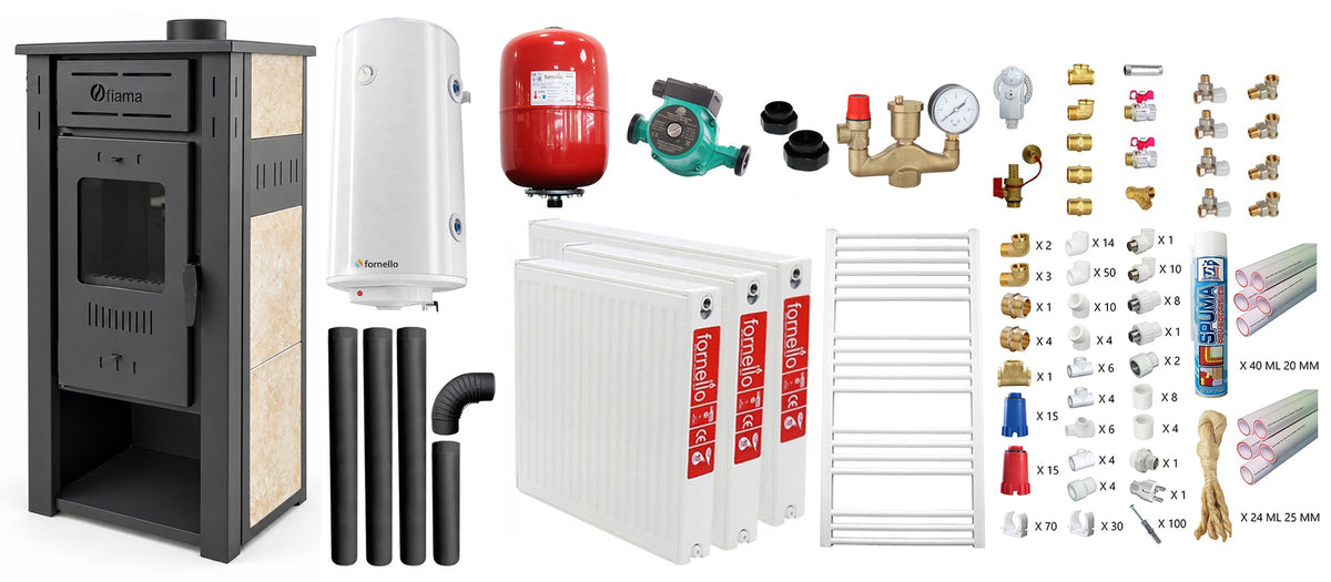 Pachet incalzire si apa calda pentru 2 camere Termosemineu pe lemne, brichete si carbune FIAMA AMBASADOR, Ivory, 24,5 kW, teava PPR si fitinguri, boiler termoelectric 100l, vas expansiune, pompa circulatie, kit evacuare, calorifere si kit