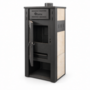 Pachet incalzire si apa calda pentru 2 camere Termosemineu pe lemne, brichete si carbune FIAMA AMBASADOR, Ivory, 24,5 kW, teava PPR si fitinguri, boiler termoelectric 100l, vas expansiune, pompa circulatie, kit evacuare, calorifere si kit