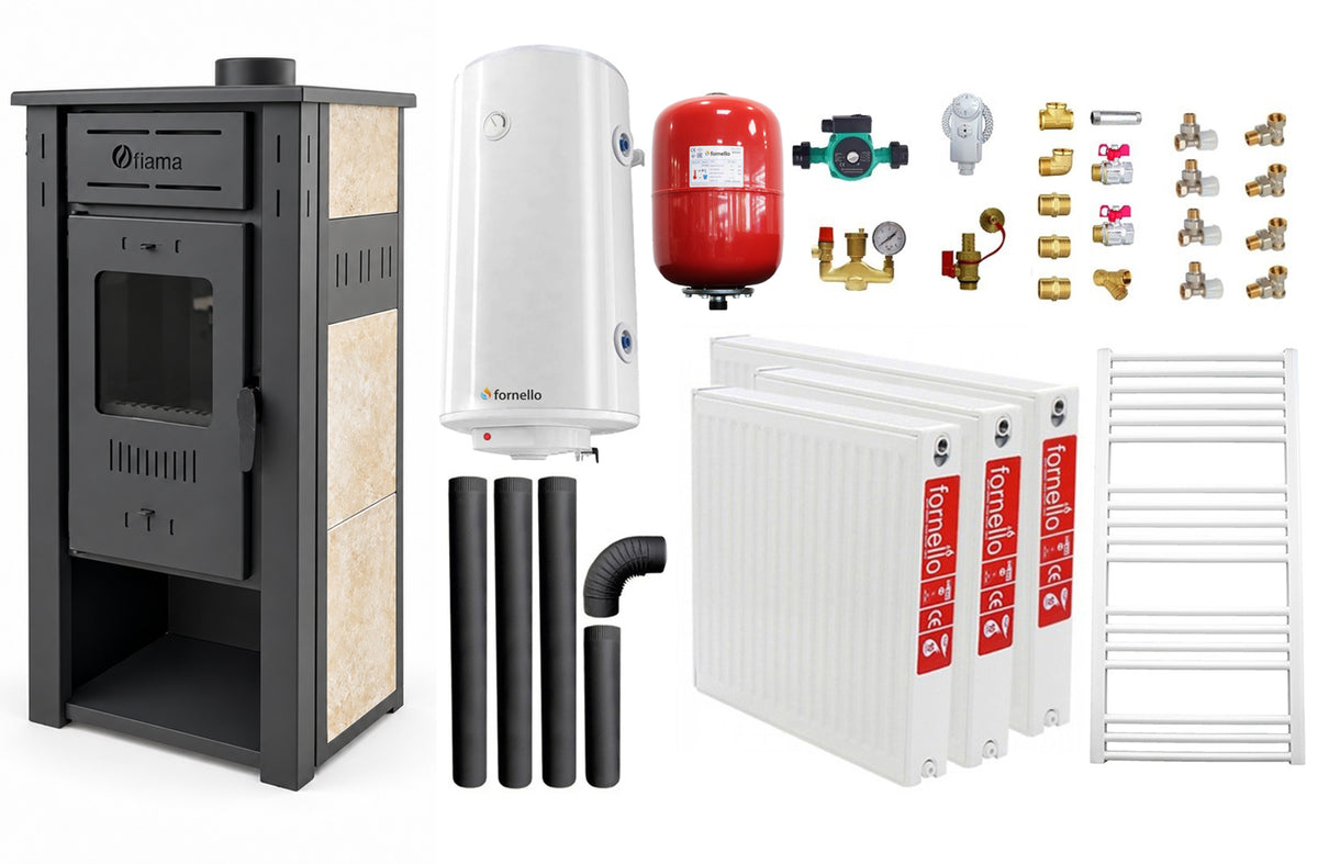Pachet incalzire si apa calda pentru 2 camere Termosemineu pe lemne, brichete si carbune FIAMA AMBASADOR, Ivory, 24.5 kW, boiler termoelectric 100l, vas expansiune, pompa circulatie, kit evacuare, calorifere si kit montaj