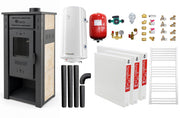 Pachet incalzire si apa calda pentru 2 camere Termosemineu pe lemne, brichete si carbune FIAMA AMBASADOR, Ivory, 24.5 kW, boiler termoelectric 100l, vas expansiune, pompa circulatie, kit evacuare, calorifere si kit montaj