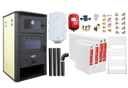 Pachet incalzire si apa calda pentru 3 camere Termosemineu pe lemne, brichete si carbune Fornello MILANO E, 24 KW, cuptor, Ivory, 580x560x1060 mm, boiler termoelectric 100l, vas expansiune, pompa circulatie, calorifere, kit evacuare si kit montaj