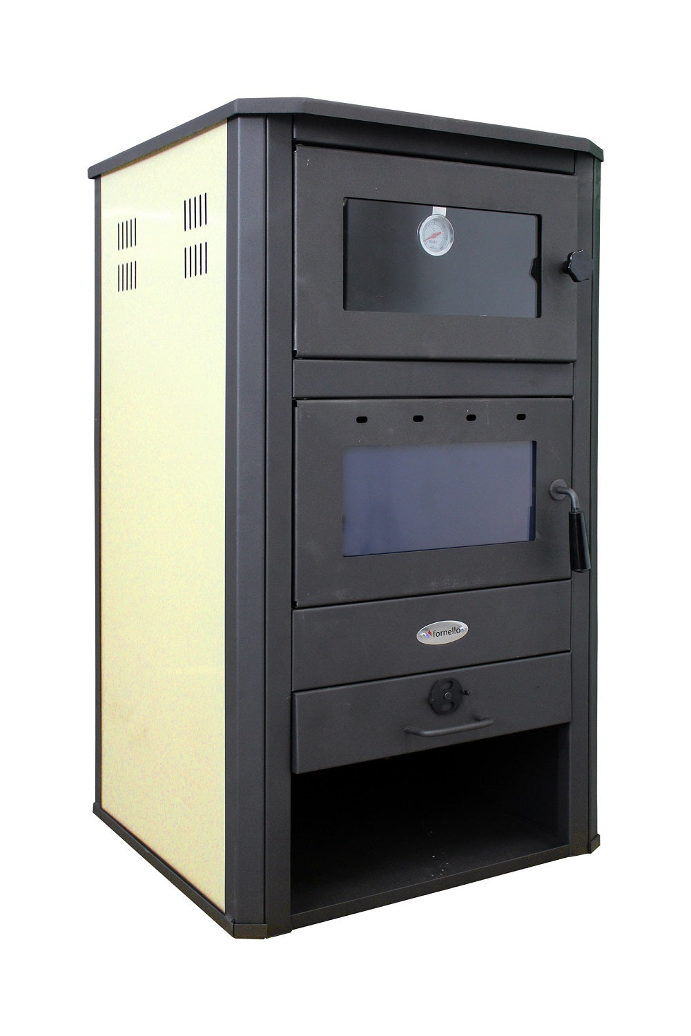 Pachet incalzire si apa calda pentru 3 camere Termosemineu pe lemne, brichete si carbune Fornello MILANO E, 24 KW, cuptor, Ivory, 580x560x1060 mm, boiler termoelectric 100l, vas expansiune, pompa circulatie, calorifere, kit evacuare si kit montaj