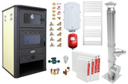 Pachet incalzire si apa calda pentru 3 camere Termosemineu pe lemne, brichete si carbune Fornello MILANO E, 24 KW, cuptor, Ivory, 580x560x1060 mm, cos inox, boiler termoelectric 100l, vas expansiune, pompa circulatie, calorifere si kit montaj