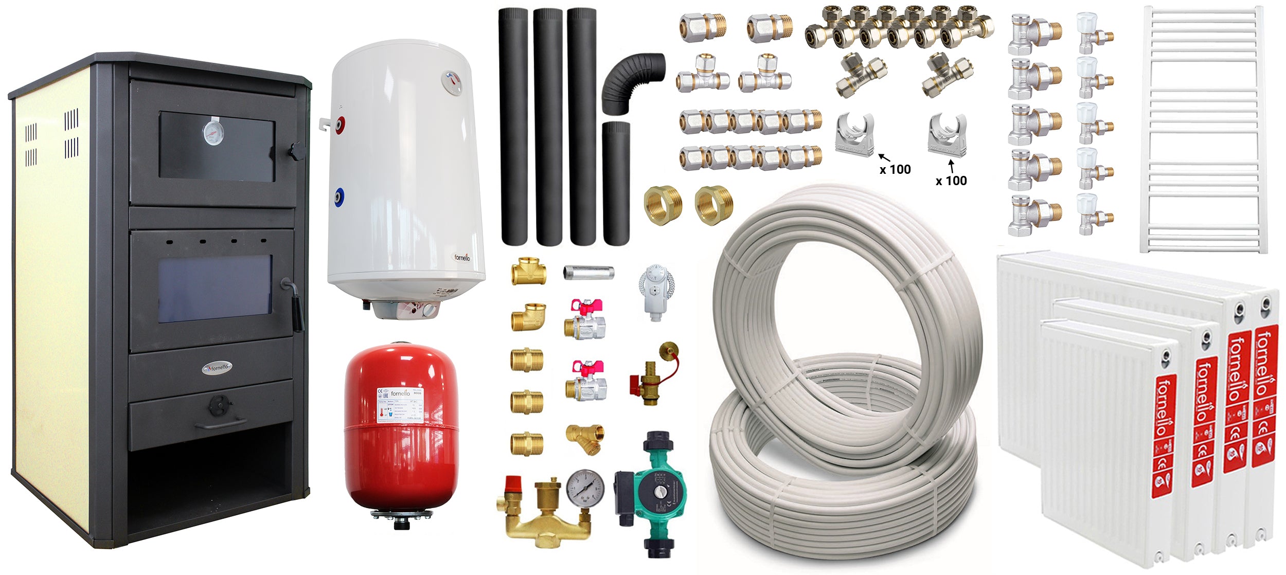 Pachet incalzire si apa calda pentru 3 camere Termosemineu pe lemne, brichete si carbune Fornello MILANO E, 24 KW, cuptor, Ivory, 580x560x1060 mm, boiler termoelectric 100l, teava, vas expansiune, pompa circulatie, calorifere, kit evacuare si fitingu