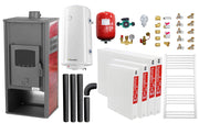 Pachet incalzire si apa calda pentru 3 camere Termosemineu pe lemne, brichete si carbune Fornello Roma E, Bordeaux, 22 kW, 49x45x103 cm, boiler termoelectric 100l, vas expansiune, pompa circulatie, kit evacuare, calorifere si kit montaj