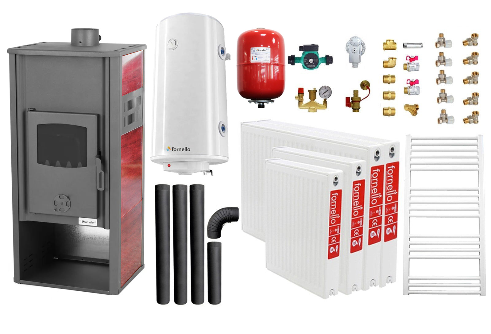 Pachet incalzire si apa calda pentru 3 camere Termosemineu pe lemne, brichete si carbune Fornello Roma E, Bordeaux, 22 kW, 49x45x103 cm, boiler termoelectric 100l, vas expansiune, pompa circulatie, kit evacuare, calorifere si kit montaj